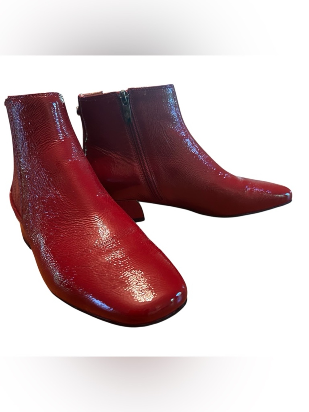 Donald Pliner Dasia square toe chelsea boot in Cranberry crinkle patent leather.